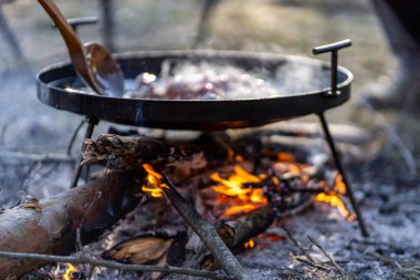 cooking in the forest park on the campfire in the pot with smoke