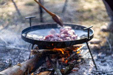 cooking in the forest park on the campfire in the pot with smoke