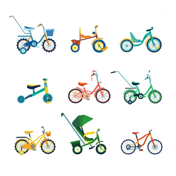 Conjunto de bicicletas y triciclos para niños y transporte para niños: carrito de bebé, bicicleta de equilibrio en estilo plano. Colección de coloridas bicicletas con diferentes tipos de cuadro. Ilustración vectorial. — Vector de stock