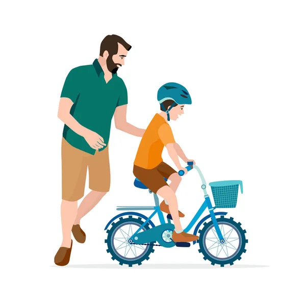 Caring dad teaching son to ride bike for the first time. Father man helping boy kid riding bicycle. Parenting, fatherhood concept. Flat style vector illustration. — Wektor stockowy