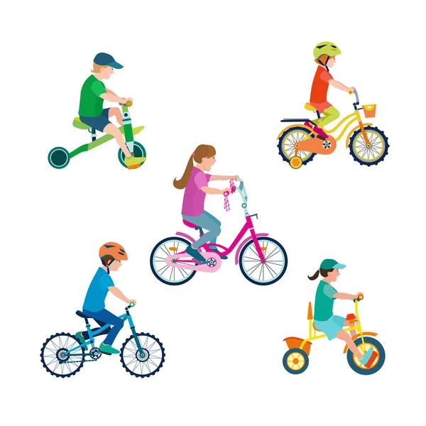 Zestaw płaskich, szczęśliwych dzieci na rowerach. Dziecko jazda kolorowy rower na białym tle. Dziewczyna i chłopiec dzieci odkryty rower sport. Ilustracja wektora. — Wektor stockowy