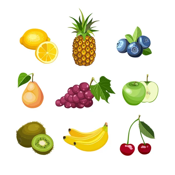 Summer Healthy Fruit Food Icon Collection Набор Ярких Красивых Красочных — стоковый вектор