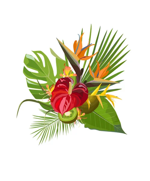 Tropisch Zomers Fruitboeket Met Kiwi Palmmonsterabladeren Anturium Exotische Bloemen Vectorillustratie — Stockvector