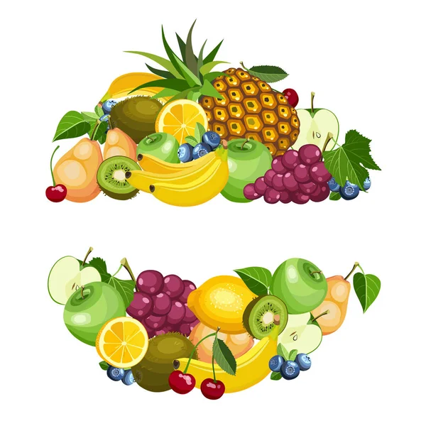 여름 건강 한 과일 음식 아이콘 만화가 돌고 있습니다. 화려 한 색깔의 아름다운 깃발 과 풍성 한 과일 이 있노라. 벡터 일러스트 — 스톡 벡터