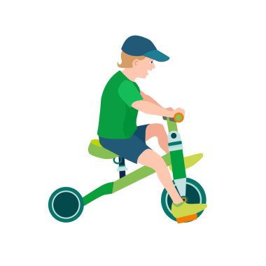 Bisikletli mutlu çocuk. Beyaz arka planda renkli bisiklet süren çocuk. Erkek çocuk bisiklet sporu. Vektör illüstrasyonu.