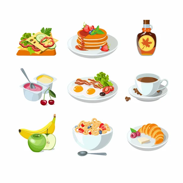 Κλασικό πρωινό ξενοδοχείου με τηγανίτες, τοστ και κρουασάν, καφέ και κορν φλέικς. Αφίσα μενού με τηγανητό αυγό, μπέικον, γιαούρτι και φρούτα. Brunch υγιεινές επιλογές ημέρα έναρξης τροφίμων. Εικονογράφηση διανύσματος — Διανυσματικό Αρχείο