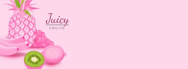 Летний розовый баннер со здоровой фруктовой едой. Креативная современная красивая панорама с разноцветными фруктами. Социальная сеть. Векторная иллюстрация. — стоковый вектор