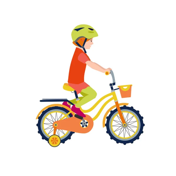 Flat happy kid on bicycle. Child riding colorful bike on white background. Girl kid outdoor bike sport. Vector illustration. — Stock Vector
