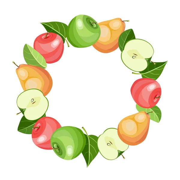 Фрукты круга рамка с яблоками и грушами. Круглый плакат с натуральными фруктами и нарезанными на ломтики. Векторная иллюстрация. — стоковый вектор