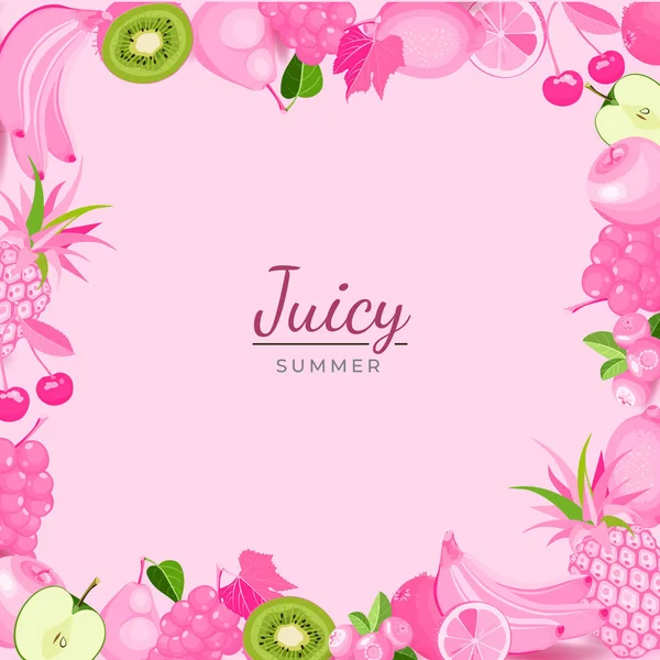 Рамка из розовых фруктов с текстом Juicy Summer. Творческий плакат с экзотическими органическими фруктами целиком и разрезанными на слайсы Сбалансированная диета или диета, диета, веган, детокс, питание. Векторная иллюстрация. — стоковый вектор