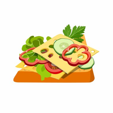 Klasik otel kahvaltısı sandviçi, sebzeli, salatalı ve peynirli. Lezzetli tost. Başlangıç için sağlıklı kahvaltı seçenekleri. Vektör illüstrasyonu.