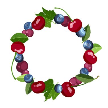Fruits circle frame with berries. Round poster with organic different berries. Vector illustration.
