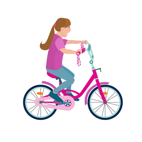 Płaski, szczęśliwy dzieciak na rowerze. Dziecko jazda kolorowy rower na białym tle. Dziewczyna dzieciak odkryty rower sport. Ilustracja wektora. — Wektor stockowy