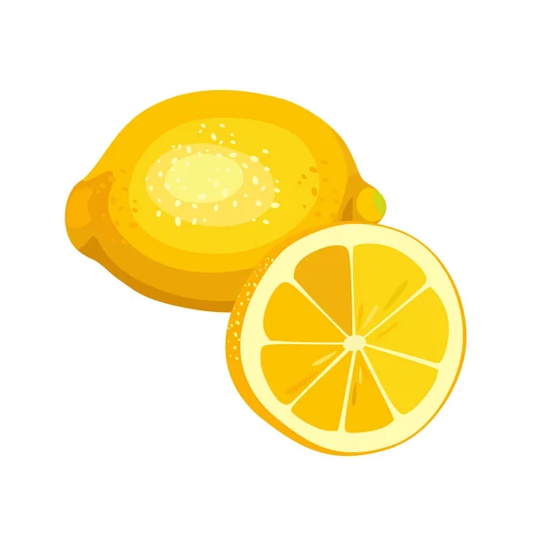 Musim panas jeruk buah untuk kesehatan. Buah lemon yang terang utuh dan dipotong menjadi irisan pada latar belakang putih. Ilustrasi vektor datar kartun. - Stok Vektor