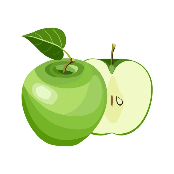 Летние фрукты для здоровья. Ярко-зеленый плод яблока целиком и разрезать на кусочки на белом фоне. Мультфильм с плоским вектором. — стоковый вектор