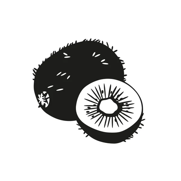 Summer kiwi silhouette fruit for health. Black kiwi icon whole and cut into slice on white background. Cartoon flat vector illustration. — Vector de stock