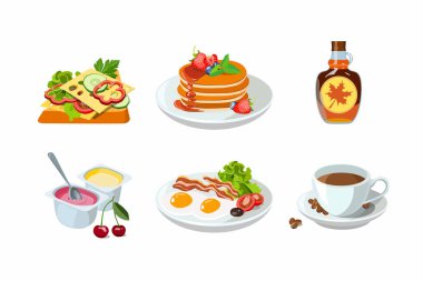 Klasik otel kahvaltısı seti krep, akçaağaç şurubu, peynirli tost, bir fincan kahve. Yumurta, pastırma, yoğurt ve meyveli menü posteri. Başlangıç için sağlıklı kahvaltı seçenekleri. Vektör illüstrasyonu