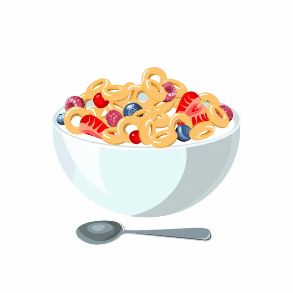 Fiocchi di mais con latte per la classica colazione in hotel. Brunch sano opzioni giorno di inizio cibo. Illustrazione vettoriale. — Vettoriale Stock