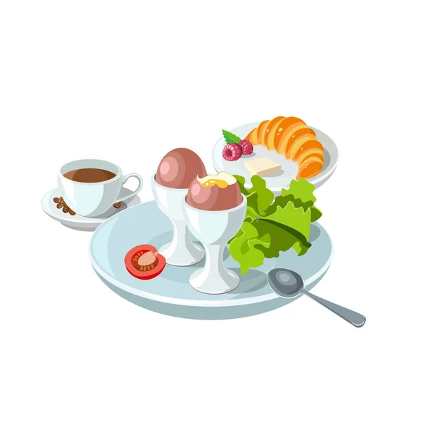 Sample breakfast plate with boiled eggs, croissant and coffee. Classic hotel breakfast set for menu poster. Brunch healthy start day options food. Vector illustration — Stock Vector