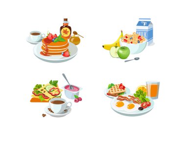 Kahvaltı afişlerinde farklı ürün örnekleriyle birlikte gıda tasarımı tasarımı yer alıyor. Akçaağaç şuruplu gözleme, tostlu sandviç, sütlü mısır gevreği, yumurta ve yoğurt. Vektör illüstrasyonu.