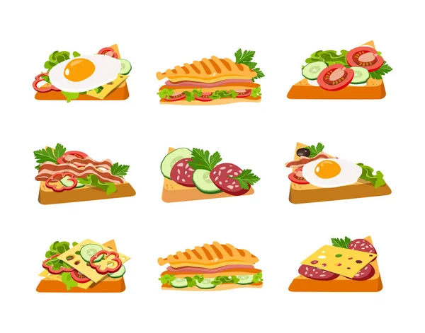 Set de sándwiches matutinos y tostadas para el desayuno. Trozos fritos de pan con salchichas, queso, huevos, tocino y jamón con tomates y pepino. Concepto de desayuno para el diseño del menú. Ilustración vectorial. — Archivo Imágenes Vectoriales