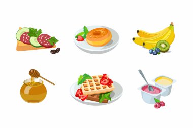 Waffle ve ballı klasik otel kahvaltısı, sosisli tost sandviçi ve çörek. Meyveli yoğurt ve böğürtlenli menü posteri. Başlangıç için sağlıklı kahvaltı seçenekleri. Vektör illüstrasyonu.