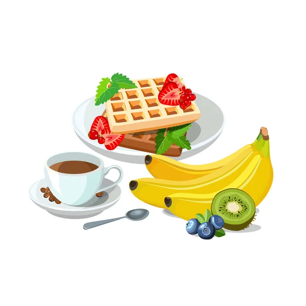 Sample breakfast of belgian waffles with berries on plate, cup of coffee with spoon and bright fruits: banana and kiwi. Brunch healthy start day options food. Vector illustration. — Stock Vector