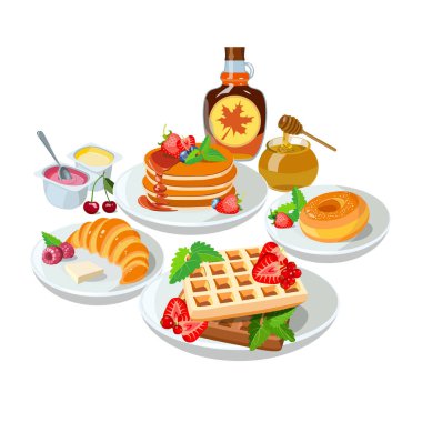 Kahvaltı tatlısı örnekleri: krep, akçaağaç pekmezi, bal, çörek. Klasik otel seti Belçika waffle 'ı, yoğurt, menü posteri olarak kruvasan. Başlangıç için sağlıklı kahvaltı seçenekleri. Vektör illüstrasyonu.