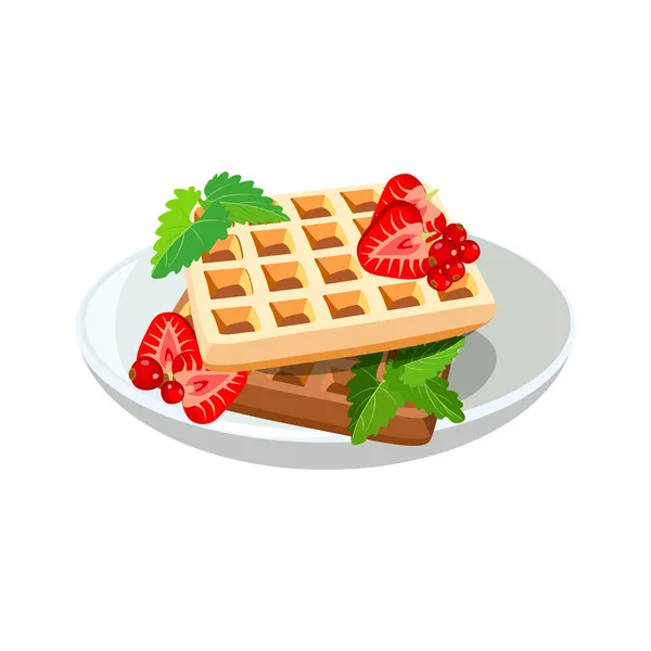 Belgische wafels icoon met bessen op bord voor klassiek hotelontbijt. Brunch gezonde start dag opties voedsel. Voor voedselontwerp. Vectorillustratie. — Stockvector