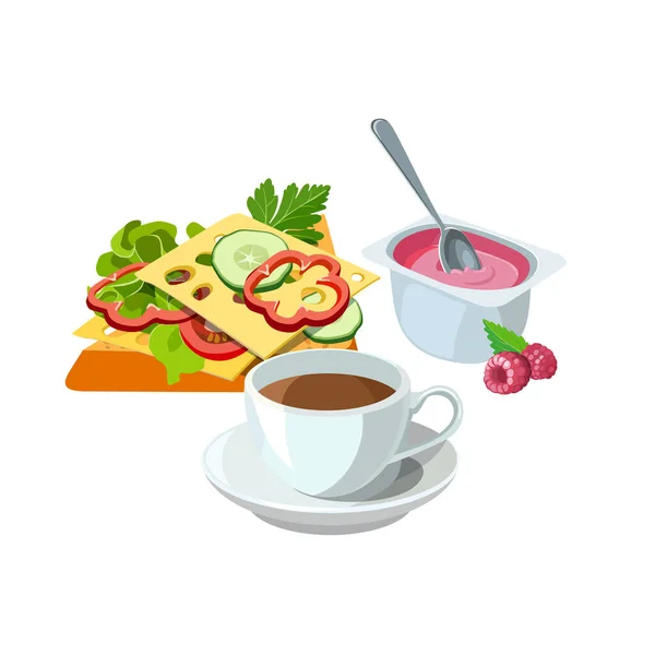 Probieren Sie ein Sandwich mit leckerem Toast, Gemüse, Salat und Käse, Fruchtjoghurt und einer Tasse Kaffee. Brunch gesunden Start in den Tag Optionen Nahrung. Vektorillustration. — Stockvektor