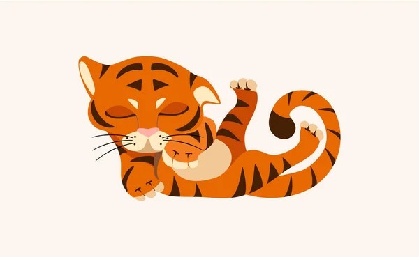 Boldog kínai újévet 2022-ben. Aranyos rajzfilm csíkos piros tigris baba alszik. Gyerekeknek nyomtattam pólókat, üdvözlőlapokat, posztereket. Vektorillusztráció — Stock Vector