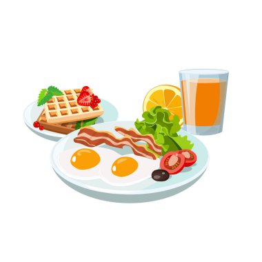 Kızarmış yumurta, pastırma, salata, Belçika waffle 'ı ve portakal suyuyla birlikte domates. Menü posteri için klasik otel seti. Başlangıç için sağlıklı kahvaltı seçenekleri. Vektör illüstrasyonu.
