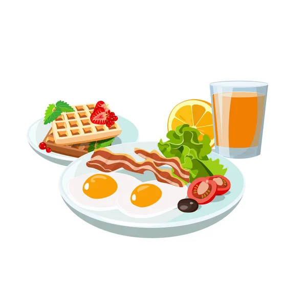 Experimente o café da manhã com ovos fritos e bacon, salada, tomate com waffles belgas e suco de laranja. Conjunto de hotel clássico para cartaz de menu. Brunch saudável comida de opções de dia de início. Ilustração vetorial. — Vetor de Stock