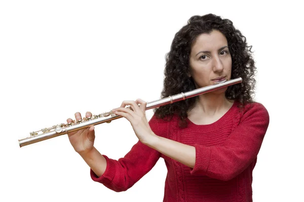 흰색 배경에 고립 된 플 룻을 연주 하는 여자 — 스톡 사진