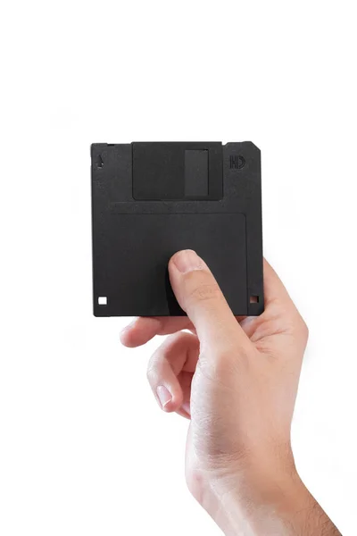 Man Hand Holding Black Floppy Disk Geïsoleerd Witte Achtergrond — Stockfoto