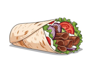 Lavaş ekmeğine sarılı domatesli, yeşillikli ve soğanlı bir donör ambalajı, beyaz arka planda izole edilmiş.