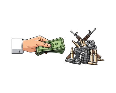 Silahlanma için para ödeyen bir elin resmi, savaş finansmanı kavramı, beyaz arka planda izole edilmiş.