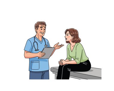 Erkek bir doktorun, beyaz arka planda izole edilmiş bir muayeneden sonra kadın hastasına açıklama yapması.