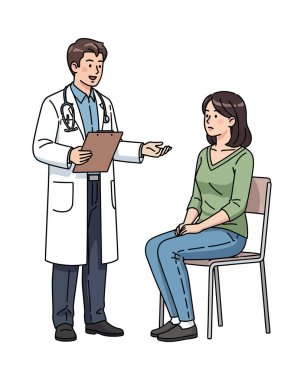 Beyaz önlüklü bir erkek doktorun beyaz arka planda izole bir şekilde oturan ve dinleyen bir kadın hastaya bir şey açıklarken görüntüsü.