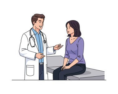 Erkek bir doktorun, beyaz arka planda izole edilmiş bir muayeneden sonra kadın hastasına açıklama yapması.