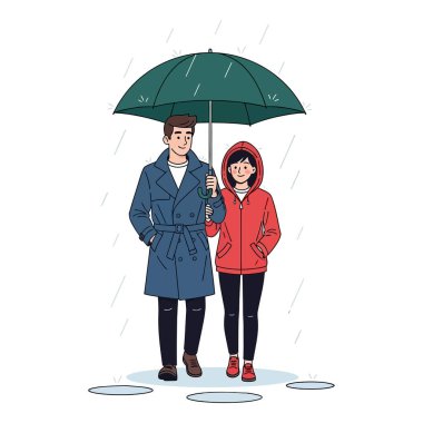 Yağmurda kollarında şemsiye tutan bir çiftin beyaz bir arka planda yürüme görüntüsü