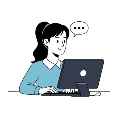 Beyaz arka planda izole edilmiş, konuşma baloncuğu sembollü bilgisayar kullanan genç bir kadın tasviri