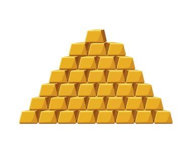Beyaz arka planda izole edilmiş, piramit şeklinde dizilmiş altın külçeleri tasviri