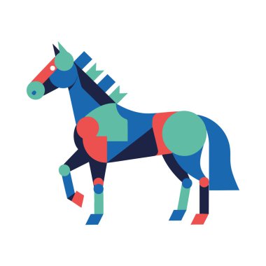 Beyaz arkaplan üzerinde mavi, yeşil ve kırmızı renklerle basit geometrik şekiller kullanılarak oluşturulan vektör at çizimi.