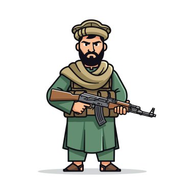 Sakallı bir Afgan savaşçının resmi, yeşil tonlarda giyinmiş, elinde bir AK47 tüfeği var, beyaz arka planda izole edilmiş.
