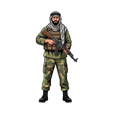 Beyaz arka planda izole edilmiş bir Orta Doğulu terörist AK47 saldırı tüfeği taşıyor.