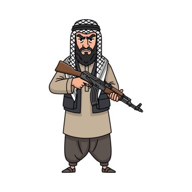 Beyaz arka planda izole edilmiş bir Orta Doğulu terörist AK47 saldırı tüfeği taşıyor.