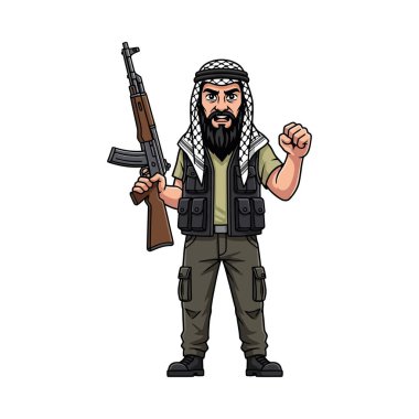 Beyaz arka planda izole edilmiş bir Orta Doğulu terörist AK47 saldırı tüfeği taşıyor.