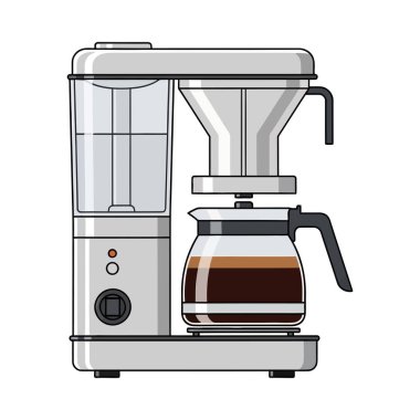 Beyaz arka planda izole edilmiş kahve demleyen bir filtre kahve makinesi tasviri.