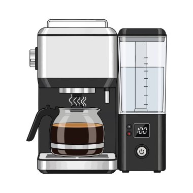 Beyaz arka planda izole edilmiş kahve demleyen bir filtre kahve makinesi tasviri.